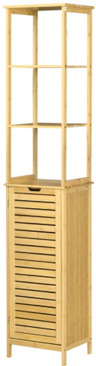Badkamerkast, Opslagkast, Met 3 Open Rekken en 1 Kast, Geschikt voor Kleine Ruimtes, Woonkamer, Slaapkamer, Keuken, Badkamer, 34×30×173 cm, Houtkleur, Bamboe