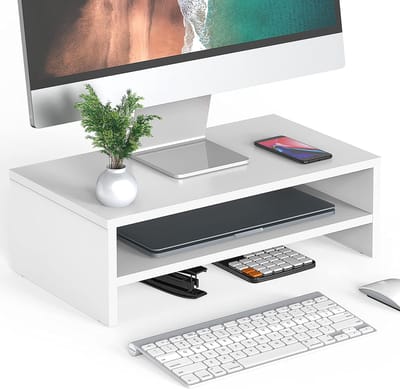 Famanu – Houten monitorverhoger met twee lagen, compacte bureauoplossing voor monitor en printer, wit, stevig, praktisch en