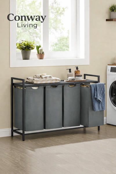 Conway Living® Wassorteerder - 4 vakken - 160L - Metaal - Grijs en Zwart -Wasmanden - Wassorteerder 4 vaken - 116 x 33 x 72 cm