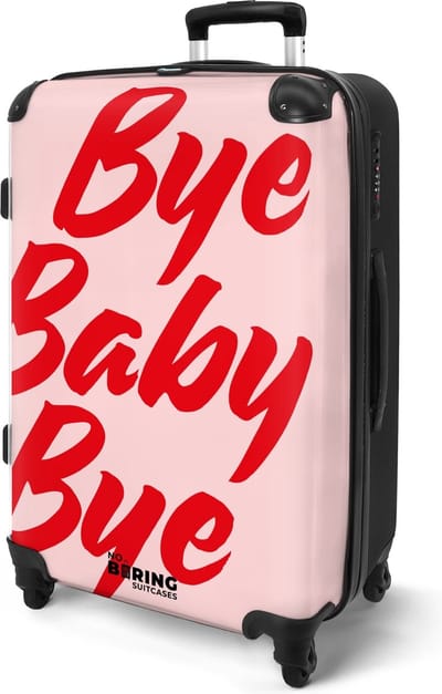 NoBoringSuitcases.com® - Reis koffer groot - Rolkoffer lichtgewicht - Roze met rode quote 'bye baby bye' - Reiskoffer met 4 wielen volwassenen - Large travel luggage suitcase - Grote valies trolley XL - 20 kg bagage