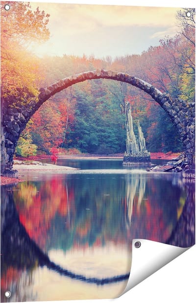 Gards Tuinposter Rakotz Brug in Duitsland in de Herfst - 60x80 cm - Tuindoek - Tuindecoratie - Wanddecoratie buiten - Tuinschilderij