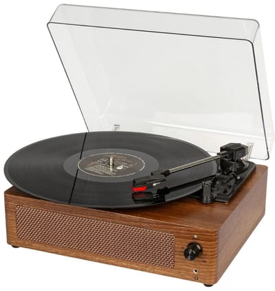 Fomix FM-108 Bluetooth Platenspeler – Retro Houten Turntable met Ingebouwde Stereo Speakers, 33/45/78 RPM, Bluetooth Input, RCA/AUX/Hoofdtelefoon & Stofkap Bruin