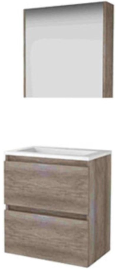 Basic-Line Comfort 39 Badkamermeubelset - Ondiep - 60 x 39 cm - Greeploos - 2 Lades - Acryl Wastafel - 1 Kraangat - Spiegelkast - Scotch Oak