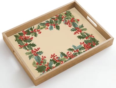 Dienblad hout 50x35 cm - Schootdienblad - Hulstrand - Bessen - Beige - Borrelplank rechthoek - Plateau dienbladen