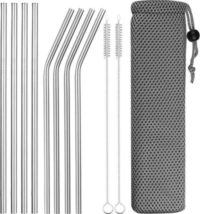 Fako Bijoux - RVS Rietjes Set - 8 Herbruikbare Rietjes - 4 Recht en 4 Gebogen - 21 cm - Duurzaam en Stijlvol - Incl 2 Schoonmaakborstels en Mesh Zakje - Grijs