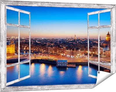 Gards Tuinposter Doorkijk Amsterdam Centrum in de Nacht - 120x80 cm - Tuindoek - Tuindecoratie - Wanddecoratie buiten - Tuinschilderij