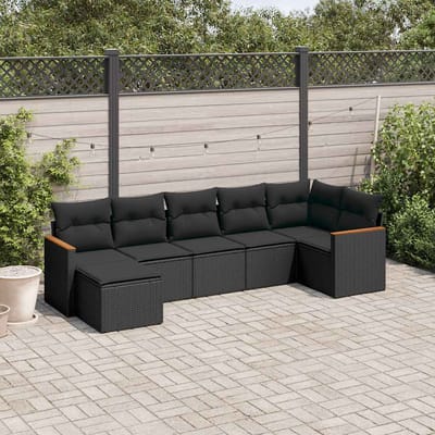vidaXL - 7-delige - Loungeset - met - kussens - poly - rattan - zwart