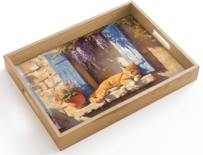 Dienblad hout 40x30 cm - Schootdienblad - Kat - Stenen vensterbank - Bloemen - Borrelplank rechthoek - Plateau dienbladen