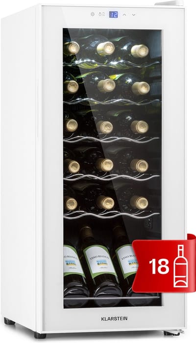 Klarstein Wijnkoeler Wijnkoelkast 1 Zone – Vrijstaande Wijnklimaatkast 50L – Compacte Drankenkoelkast met Glazen Deur – Binnen/Buiten Gebruik – voor 18 Flessen - 45 cm - voor Bar - Wijnkast - Wine Cooler - Wine Fridge