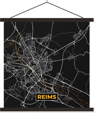 Posterhanger incl. Poster 60x60 cm - Schoolplaat - Frankrijk – Plattegrond – Reims - Stadskaart – Kaart - Textielposter - Zwarte latten - Stadskaart
