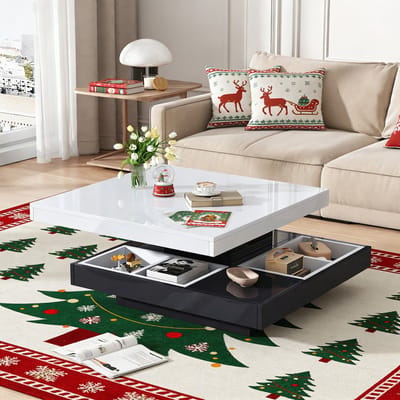 REDOM Hoogglans salontafel 360° draaibaar – 2-laags design, wit blad & zwart onderstel, spaanplaat, 70×70×36 cm, 30 kg