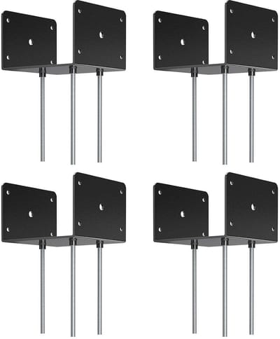 6 x 6 betonnen paalanker (4 stuks), U-vormige hekpaalhouder, pergola-beugel, dekpaalhouder, grondpen voor beton, terraspaalbeugels met 3 ankerstangen, zwart