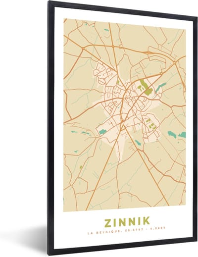 Fotolijst incl. Poster - Kaart - Stadskaart - België - Zinnik - Plattegrond - 40x60 cm - Posterlijst