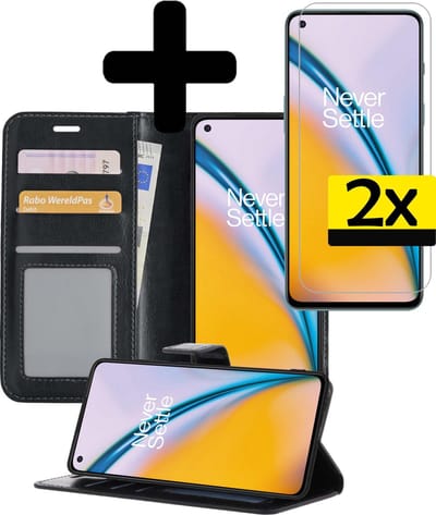 Hoesje - Met 2x Screenprotector - Geschikt voor OnePlus Nord 2 - Luxe Pasjeshouder - Bookcase Portemonee - Flip Case - Kunstleer Book Case - Flipcase Hoes - Book Cover - Walletcase - Portemonneehoes - Telefoonhoesjes - Zwart