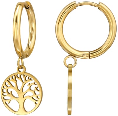 Joy Ibiza - levensboom oorbellen - tree of life bedel oorringen - 14 mm klap scharnier sluiting - ear party boho - bohemian style - chirurgisch staal - ip/pvd goldplated