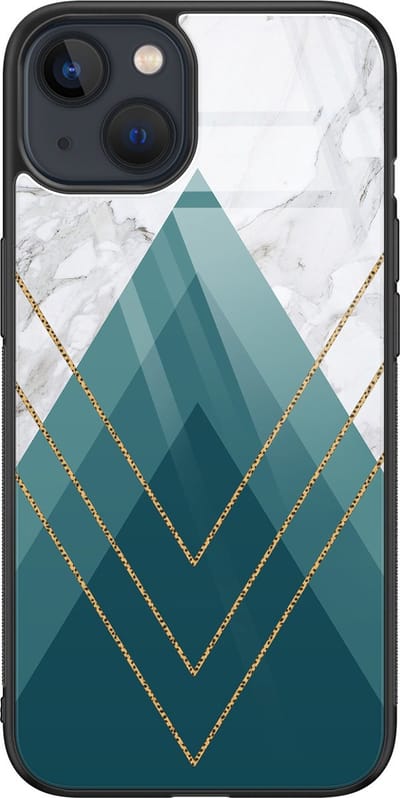 Hoesje geschikt voor iPhone 13 - Geometrisch blauw - Luxe Glazen Hardcase - Hippe print - Blauw - Leuke Telefoonhoesjes