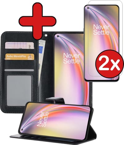 Hoesje - Met 2x Screenprotector - Geschikt voor OnePlus Nord CE - Luxe Pasjeshouder - Flip Case - Bookcase Portemonee - Kunstleer Book Case - Flipcase Hoes - Book Cover - Walletcase - Portemonneehoes - Telefoonhoes - Zwart