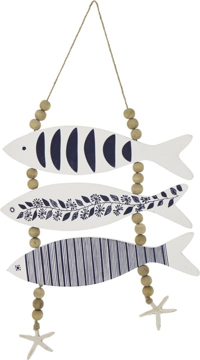 J-Line hanger Vis - hout/touw - blauw/wit - 4 stuks