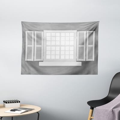 ABAKUHAUS Antiek Wandtapijt, Houten raamluik, Woonkamer Slaapkamer Wanddoek Zijdezacht Satijn Wandtapijt, 150 x 100 cm, Grijs Wit