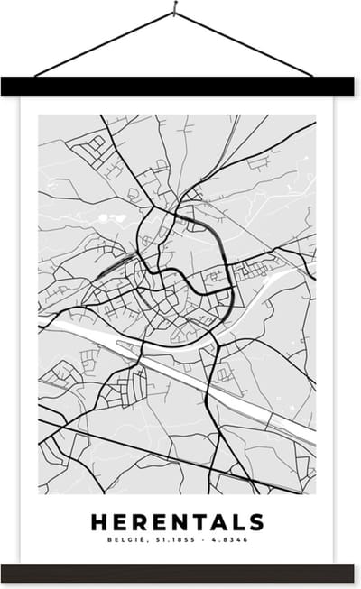 Posterhanger incl. Poster 40x60 cm - Schoolplaat - Zwart Wit – België – Plattegrond – Stadskaart – Kaart – Herentals - Textielposter - Zwarte latten - Stadskaart
