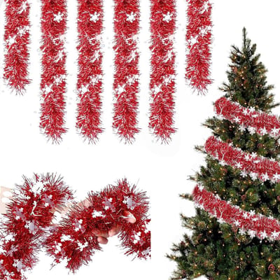 Kerst Lametta Slingers - Sneeuwvlok Slinger - Huis Versieren - Opvallend Sneeuwvlokontwerp - 12 Meter - Rood
