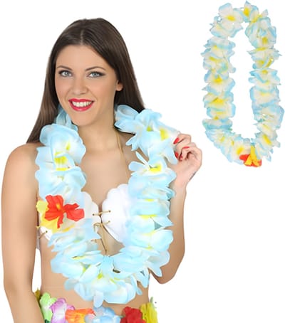 Atosa Hawaii krans/slinger - 2x - Tropische kleuren blauw - Grote bloemen hals slingers - verkleed accessoires