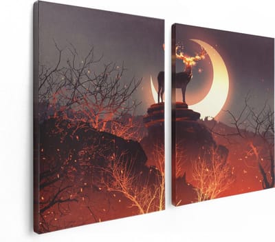 Artaza Canvas Schilderij Tweeluik Hert Op Een Rots Tijdens Halve Maan  - 120x80 - Foto Op Canvas - Canvas Print