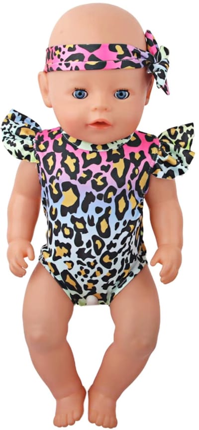 Vrolijke badpak en haarband met panterprint voor de pop - Poppenkleertjes voor Pop 43 cm - Badpak - Geschikt voor o.a. Baby Born - Panter