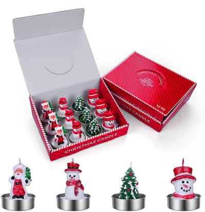 Set van 12 Kerstkaarsen van MMOBIEL – Decoratieve Ongeparfumeerde Paraffinekaarsen in Kerstman, Sneeuwpop & Kerstboom Designs – Kerstdecoratie voor Binnen – Cadeau Ideeën voor Kerst