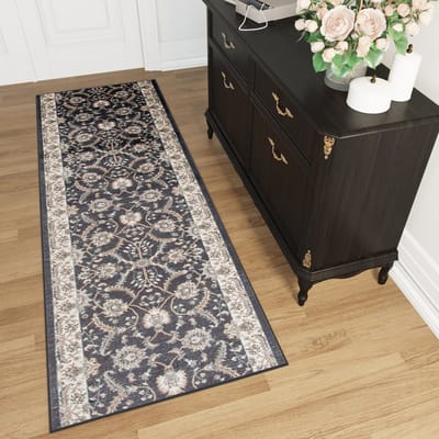 Tapiso Dubai Tapijt Loper Antraciet Bloemenprint Woonkamer Slaapkamer Hal Maat – 70x100