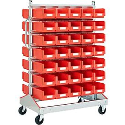 Trolley v. magazijnbakken, tweezijdig, B 1130 x D 710 x H 1705 mm, 70 x 7,5 l rood
