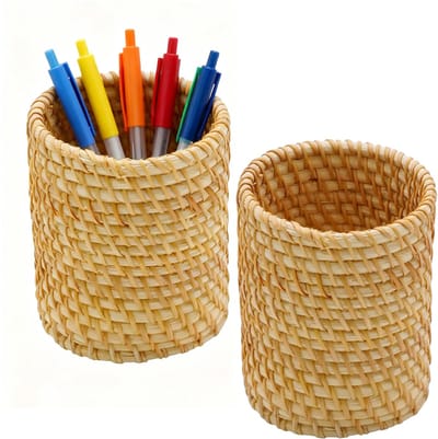 2 stuks rotan gevlochten bureauorganizer, handgemaakte penhouder en make-up-borstelstandaard, stijlvolle opbergoplossing voor thuis en op kantoor (2)