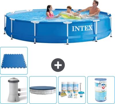 Intex Rond Frame Zwembad - 366 x 76 cm - Blauw - Inclusief Pomp - Afdekzeil - Onderhoudspakket - Filter - Vloertegels - 6-delig