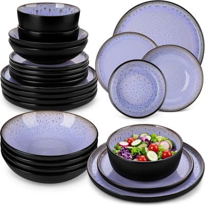 Luxe Serviesset – 24 delig – 6 persoons – Steengoed - Bordenset – Dinner platen – Dessertborden - Kommen - Pastabord - Paars