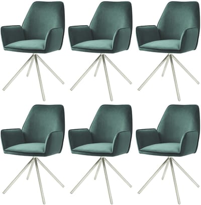 Set van 6 eetkamerstoelen MCW-G67, keukenstoel met armleuningen, draaibaar met automatische terugkeer, fluweel MVG ~ groen, roestvrij staal