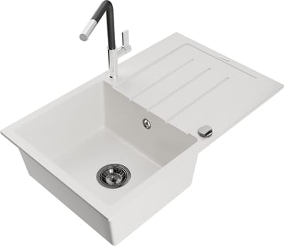 Mexen Bruno granieten spoelbak 1-kompartment met afdruiprek en keukenkraan Flora, wit - 6513-20-670401-07-B