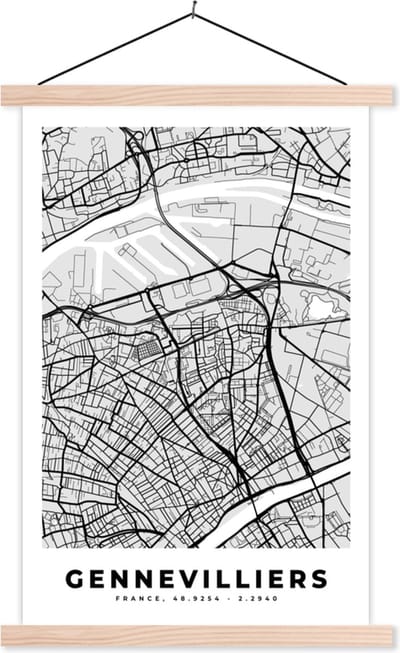 Posterhanger incl. Poster 40x60 cm - Schoolplaat - Plattegrond – Kaart – Stadskaart – Frankrijk – Gennevilliers - Textielposter - Blanke latten - Stadskaart