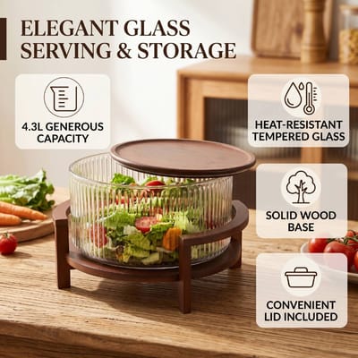 Saladier en Verre avec Support en Bois et Couvercle Capacité 4,3 L Verre Résistant à la Chaleur Bol de Service à Fruits pour Réunion de Dîner à Domicile L beige