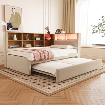 Zubaliya Schlafsofa - 90x200 cm Beige - Ausziehbett 90x190 - LED Leuchten - Flanell