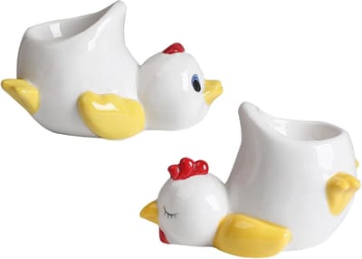 Grappige eierdopjes - Keramische eierhouders - Ontbijt tafeldecoratie - Set van twee - Kip 11cm Eend 10cm - Meerkleurig