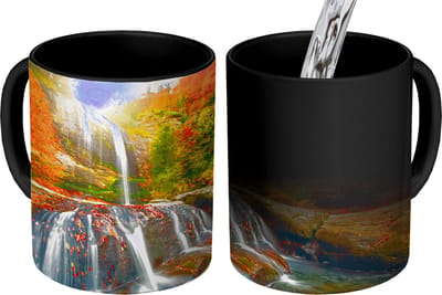 Magische Mok - Foto op Warmte Mokken - Koffiemok - Waterval - Natuur - Herfst - Rood - Water - Magic Mok - Beker - 350 ML - Theemok