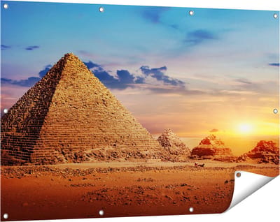 Gards Tuinposter Egyptische Piramides in de Woestijn - 120x80 cm - Tuindoek - Tuindecoratie - Wanddecoratie buiten - Tuinschilderij