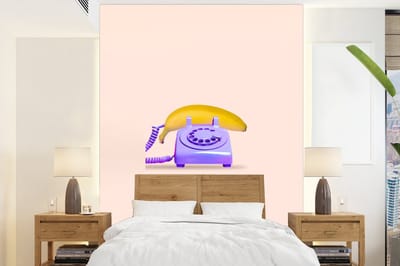 Fotobehang - Banaan - Telefoon - Paars - Geel - 165x220 cm - Behang - Foto behang