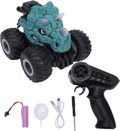 RC Dino Auto - Stunt Speelgoed - Buitenspelen Avontuur - Nevel Spuitfunctie - 23.5 cm Lengte - Blauwgroen