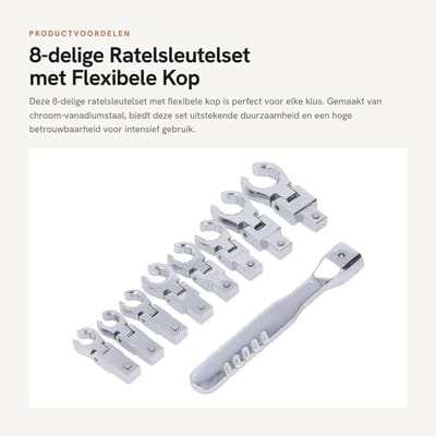 Dailygoods- Ratelsleutelset 8-delig - Flexibele Kop - Chroom-vanadiumstaal - 180 Graden Draaibaar - Zwaar Gebruik - Hoge Betrouwbaarheid - Moersleutelset