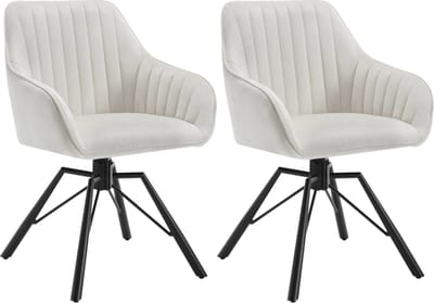 BukkitBow - Moderne Eetkamerstoelen Velvet / Fluweel - Met rugleuning en Armleuning met Strepen Patroon en 360 Graden Draaibaar - Set van 2 Stuks - Crème / Wit