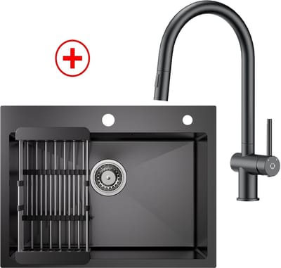 CECIPA max Handgemaakte RVS Spoelbak 60x45CM - Met keukenkraan met uittrekbare uitloop - Spoelbak Keuken Met Afdruiprek - Met Kraangat - Met Afdruiprek - Antraciet