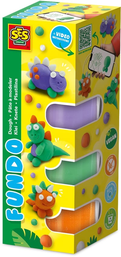 SES Creative - FunDo Klei - Dinos (3x90g en 1x40g) - Vegan en Glutenvrij - Herbruikbaar - Uitwasbaar - Inclusief Video Instructies - Vanaf 3 jaar