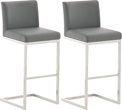 CLP Paros Set van 2 barkrukken - RVS Frame - Rugleuning & Voetsteun - Draagkracht 240 kg - Design Barkruk - Kunstleer - grijs