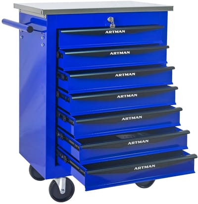 Merax Gereedschapswagen met 7 Lades - Verrijdbare Metalen Gereedschapskast met Edelstalen Werkblad - Kogellagergeleiders & Remwielen - Sterke Stalen Werkplaatskast voor Garage Werkplaats & Opslag (Zwart Blauw)